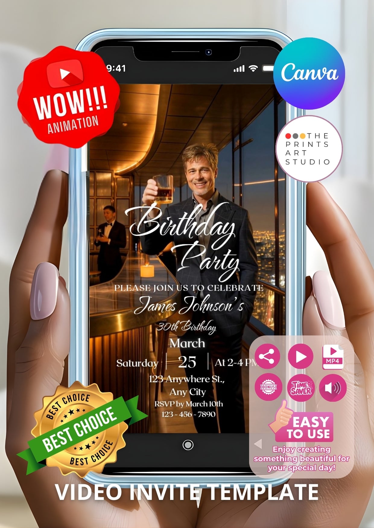Whiskey Birthday Video Invitation on smartphone screen showing elegant party design with golden lighting.