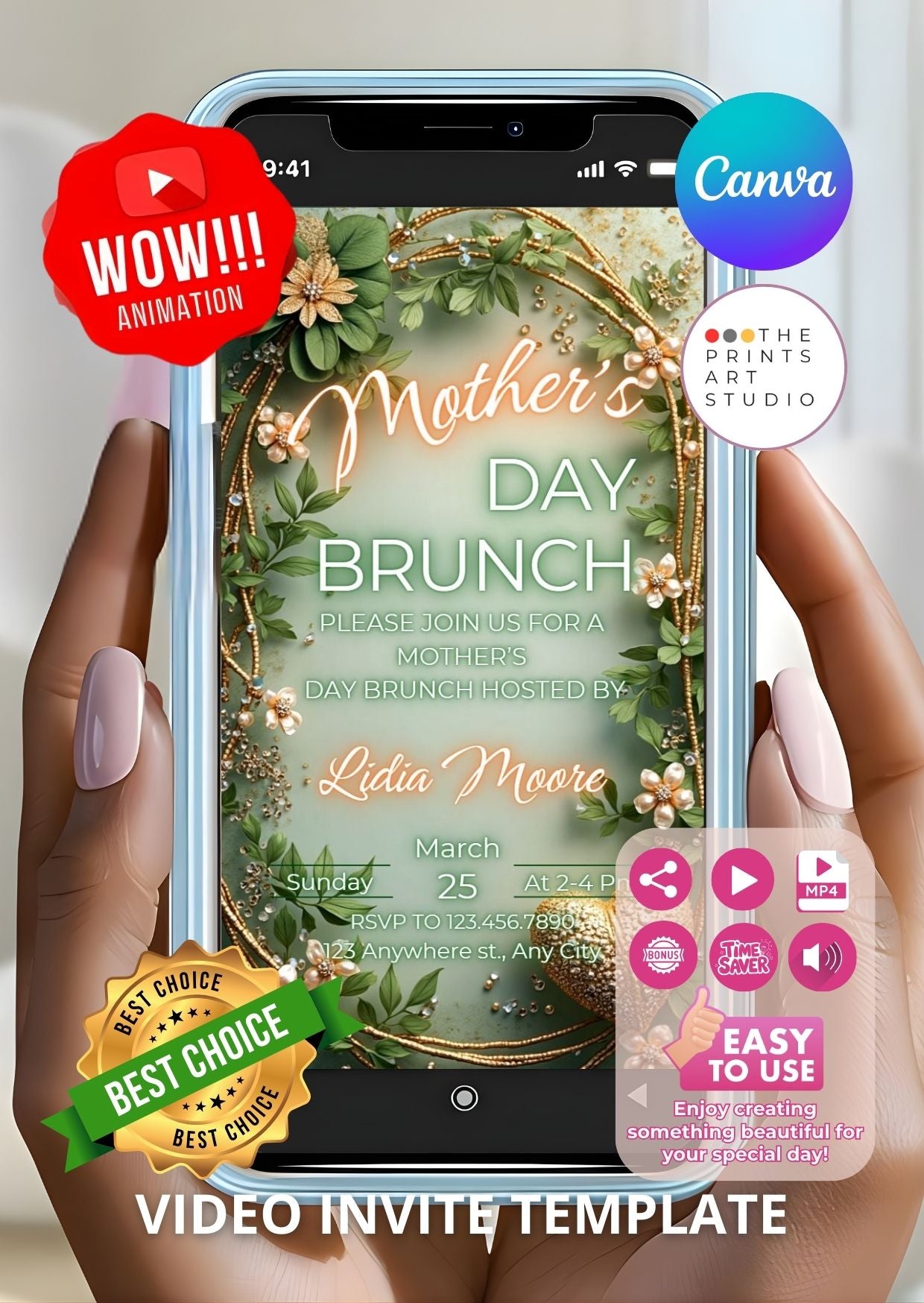 Family Brunch Video Invitation template displayed on a smartphone, featuring floral design and Canva logo, ideal for personalized invites.