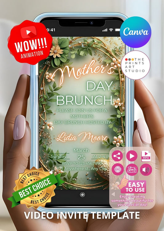 Family Brunch Video Invitation template displayed on a smartphone, featuring floral design and Canva logo, ideal for personalized invites.