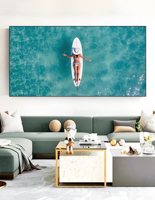 Surfboard Woman Aerial Ocean Print – Minimalist Beach Wall Art
