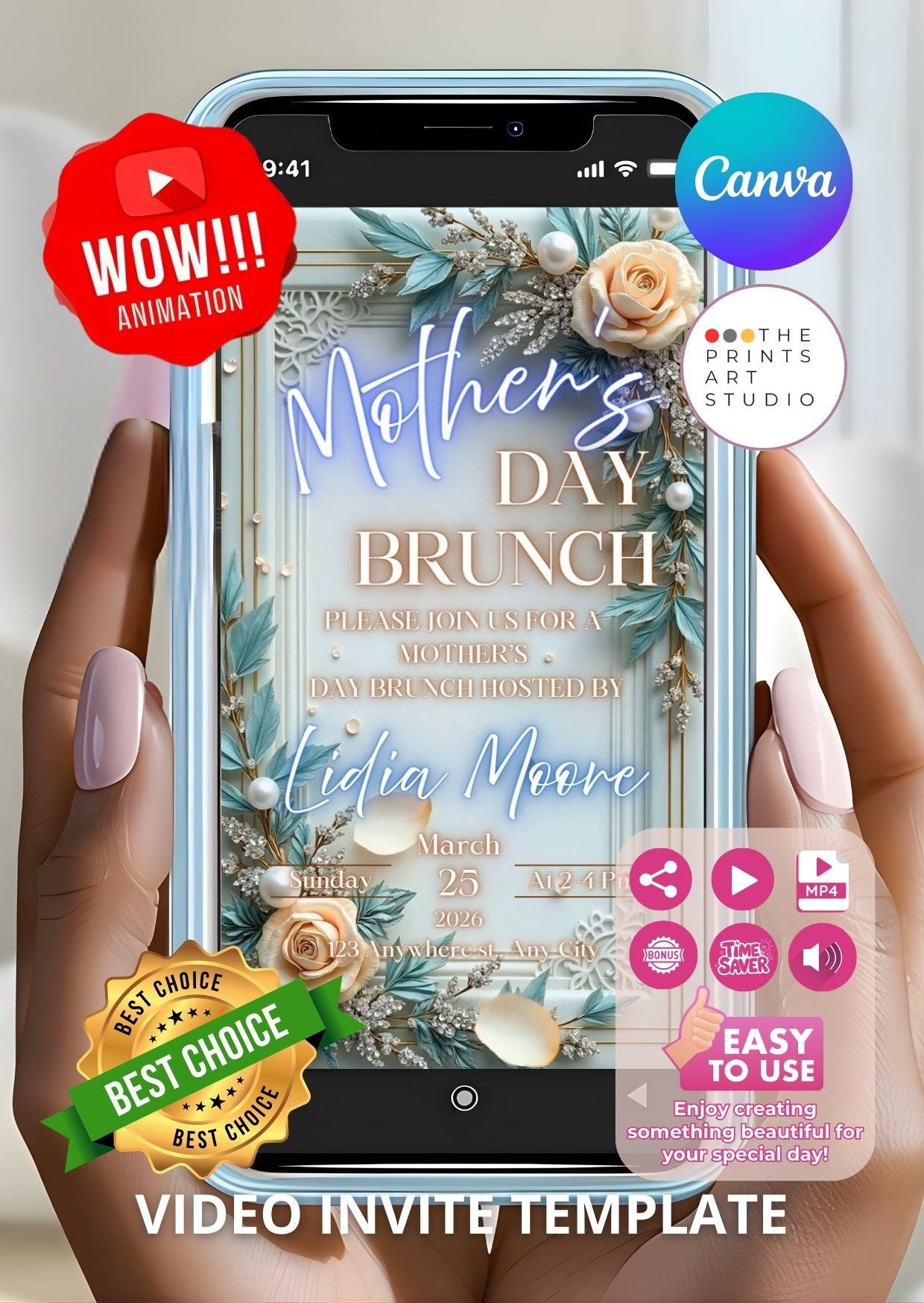 Hand holding a phone displaying a Mother’s Day video invitation for an elegant brunch with beautiful floral design and Canva branding.