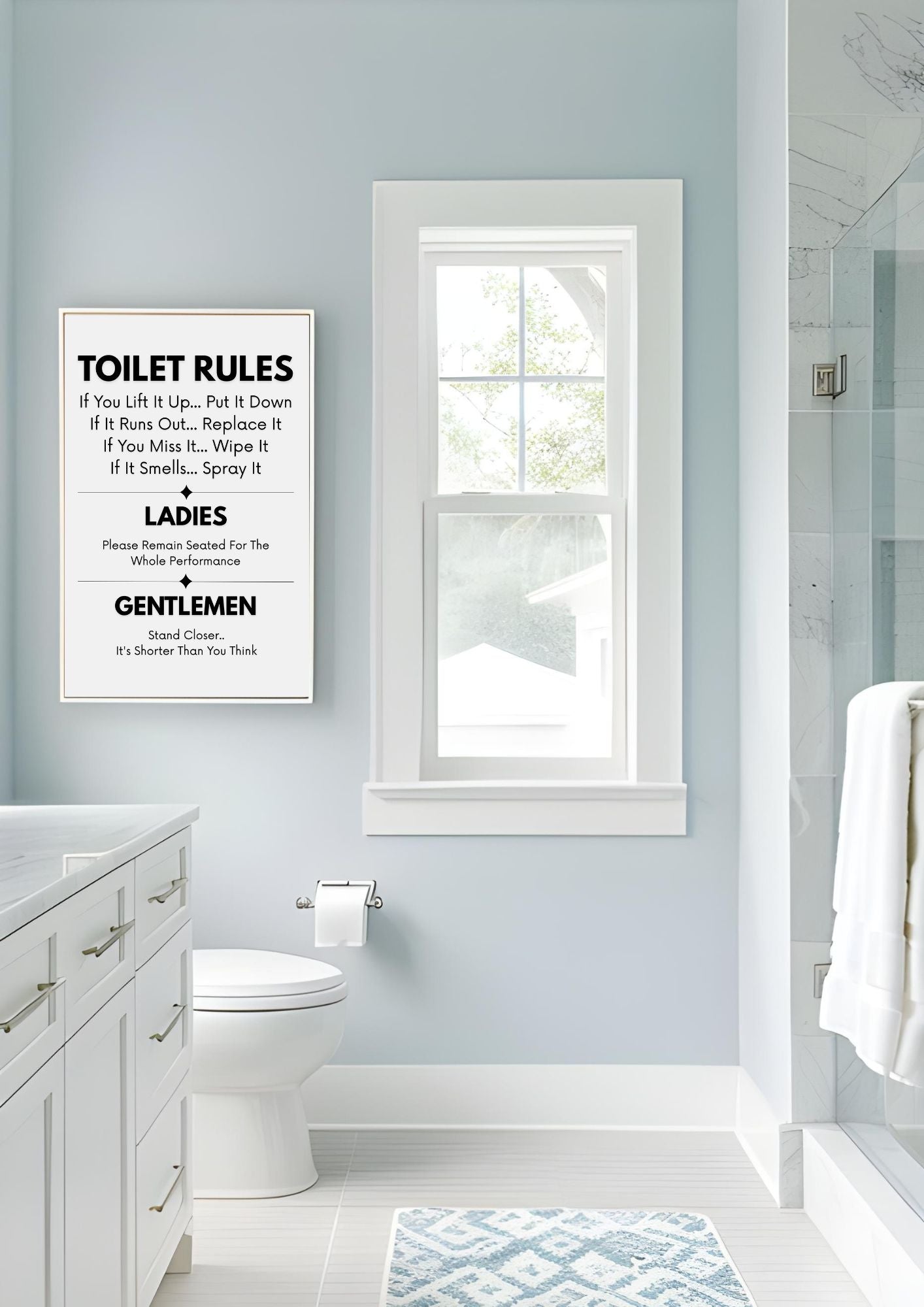 Funny Toilet Rules Sign – Humorous Bathroom Wall Art Printable displayed in a modern bathroom setting.