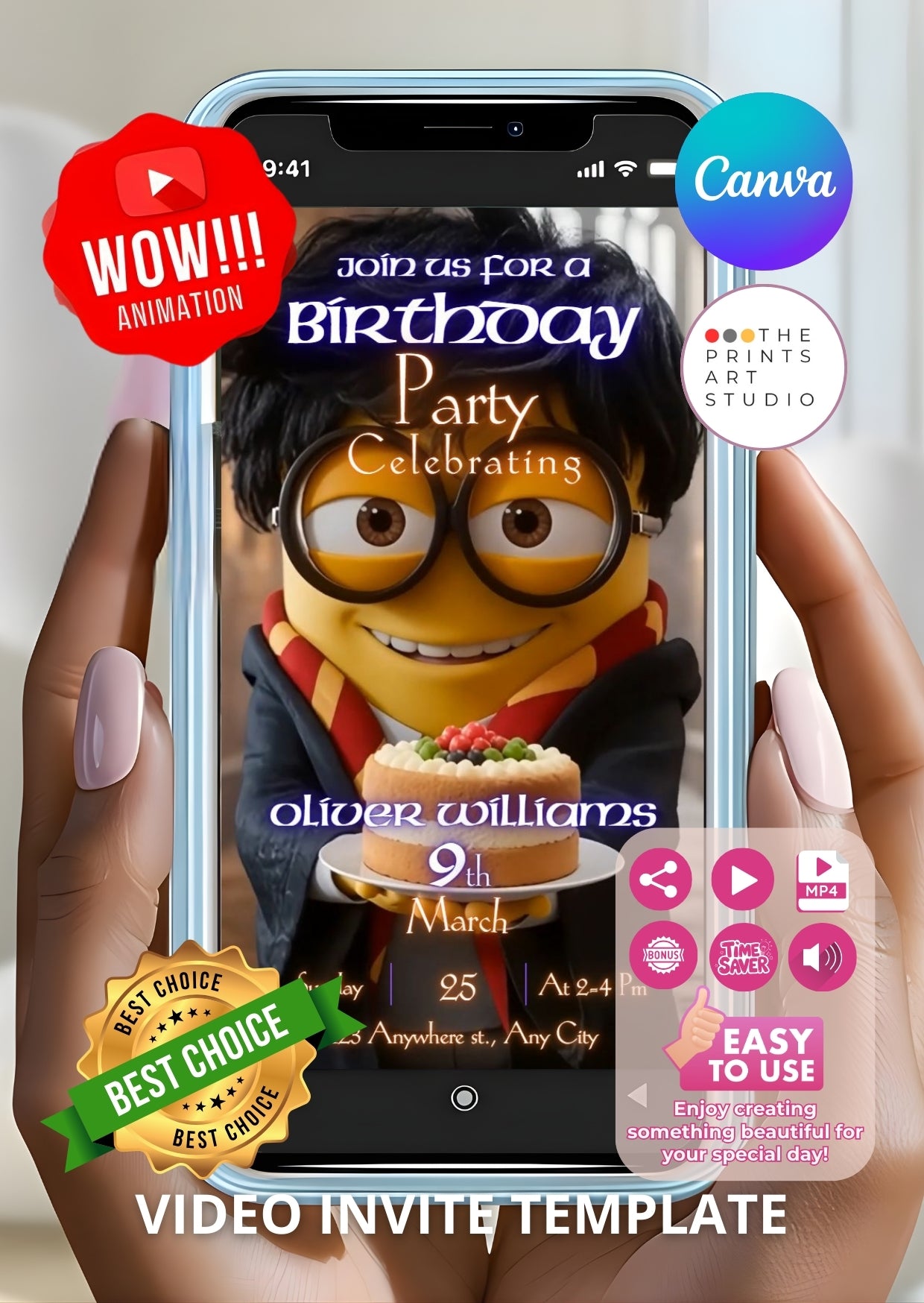 Harry Potter Minions birthday video invitation displayed on a smartphone screen with animated minion character dressed as a wizard.
