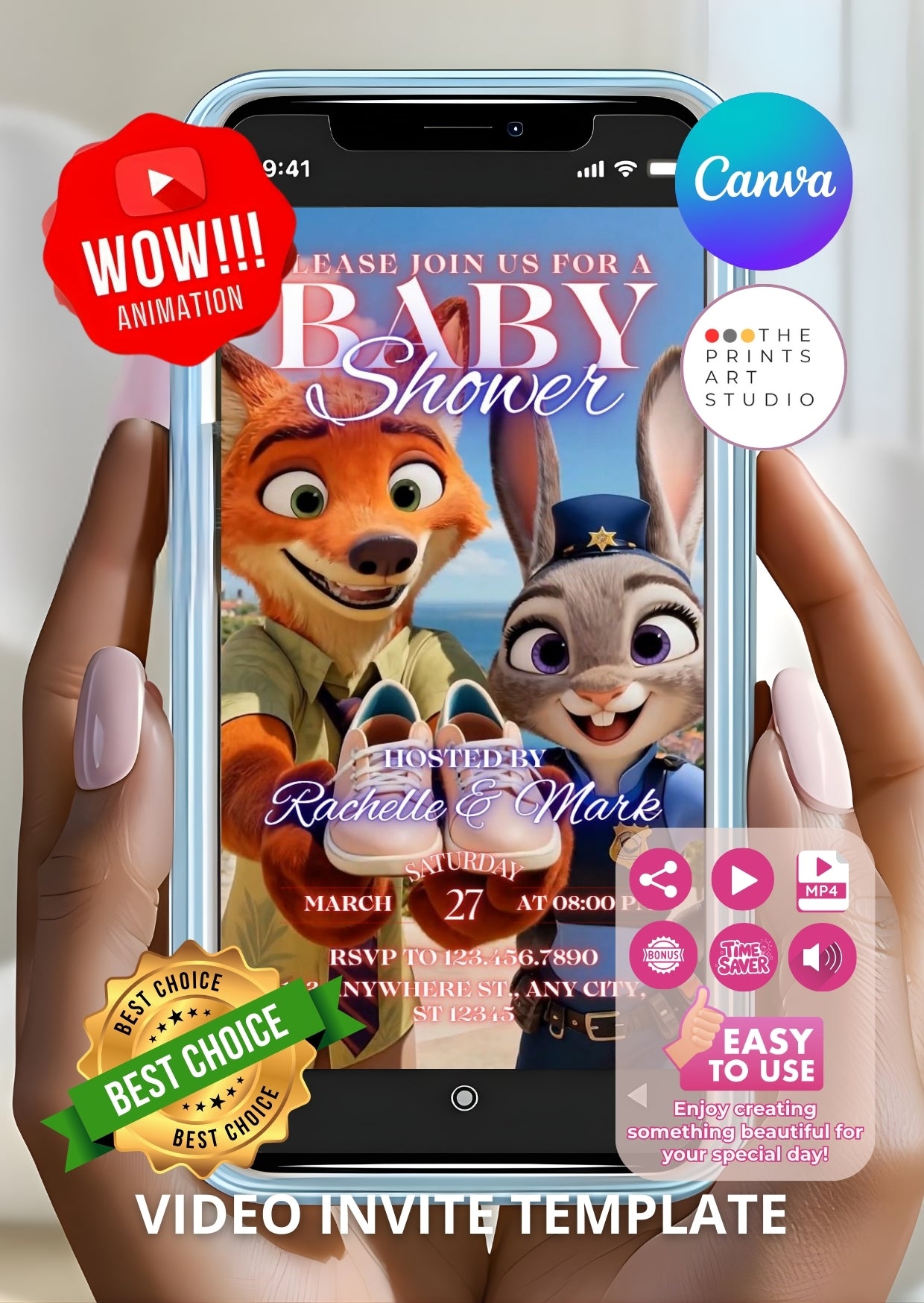 Zootopia baby shower video invitation on smartphone with animated animal characters, easy-to-edit template