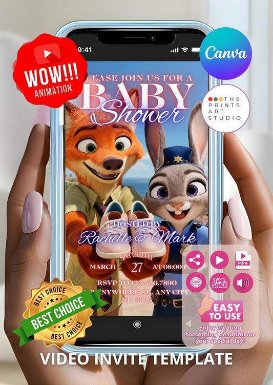 Zootopia baby shower video invitation on smartphone with animated animal characters, easy-to-edit template