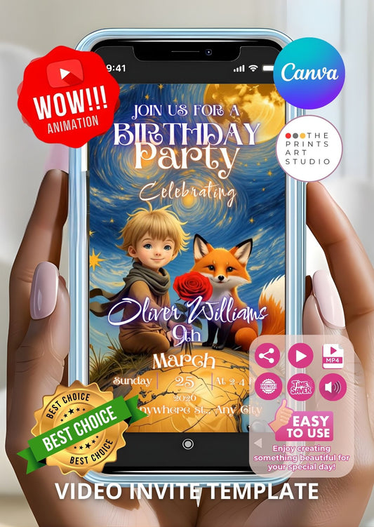 Hand holding phone displaying Little Prince Style Birthday Video Invitation template on screen, featuring child and fox illustration.