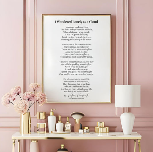 I Wandered Lonely as a Cloud Poem Print – Literary Wall Art in elegant interior setting.