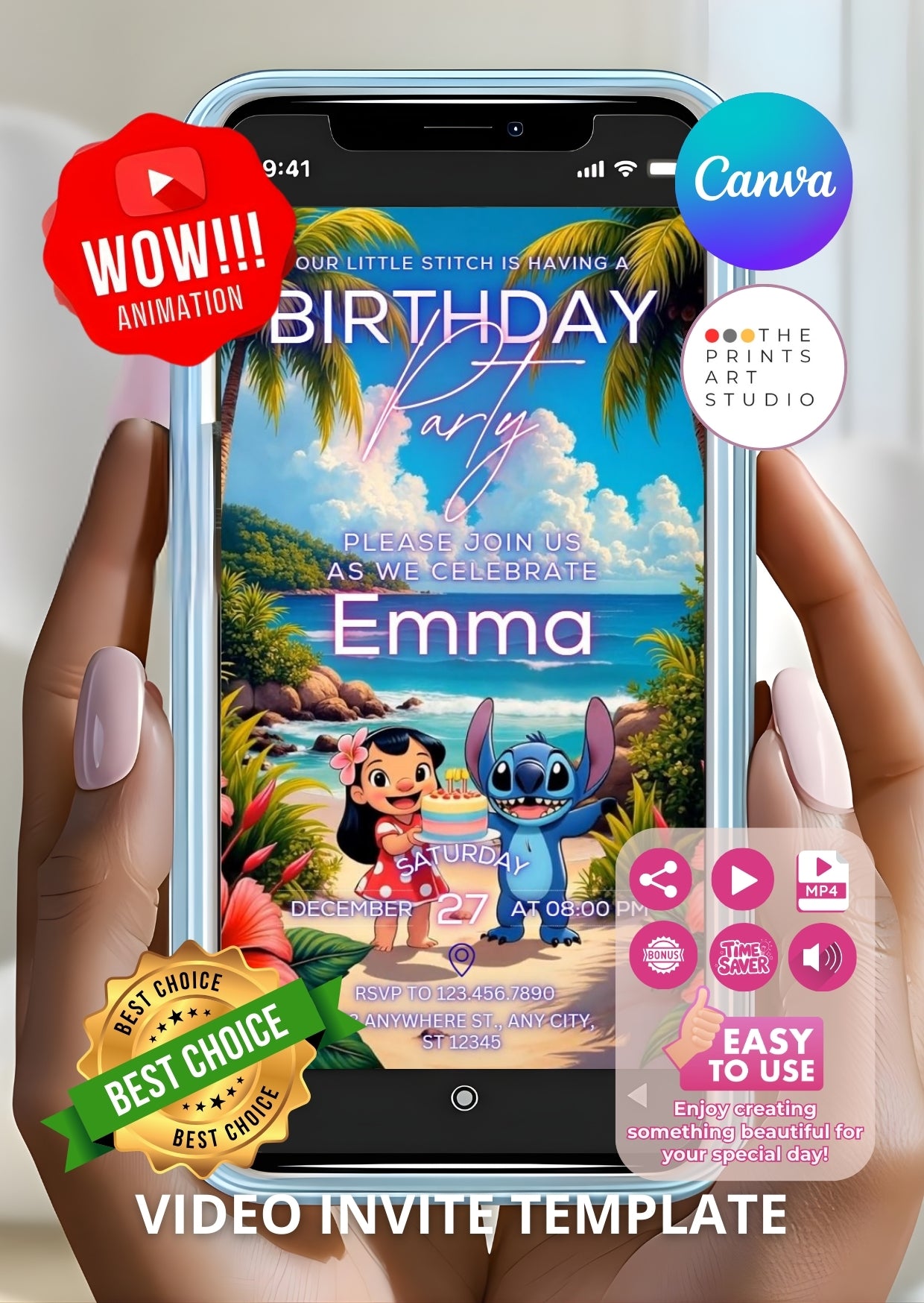 Lilo and Stitch birthday video invitation template displayed on smartphone screen.