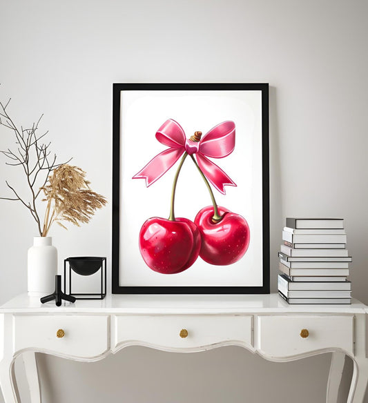 Retro Cherry Wall Art – Cute Pink Bow Kitchen Print – Pop Art Style Poster