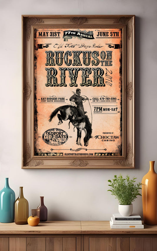 Vintage Rodeo Poster – Ruckus on the River 2010 – Western Cowboy Wall Art for Rustic Home Decor