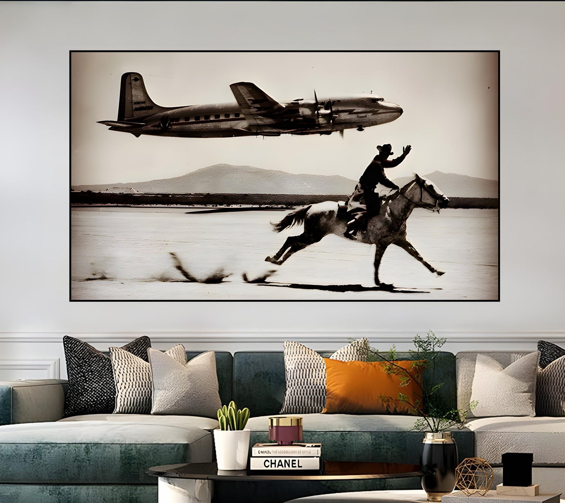 Cowboy Airplane Wall Art showcasing a vintage airplane and cowboy in motion, perfect for rustic Western decor.
