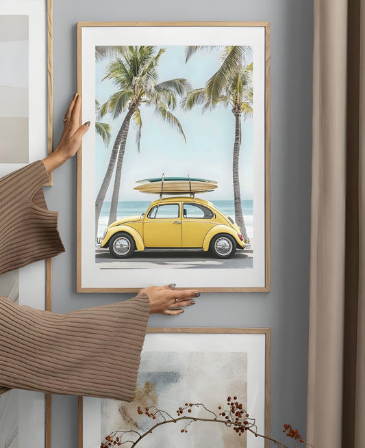 Modern Coastal Wall Art – Yellow VW Beetle with Surfboards – Printable Beach Poster for Summer Decor