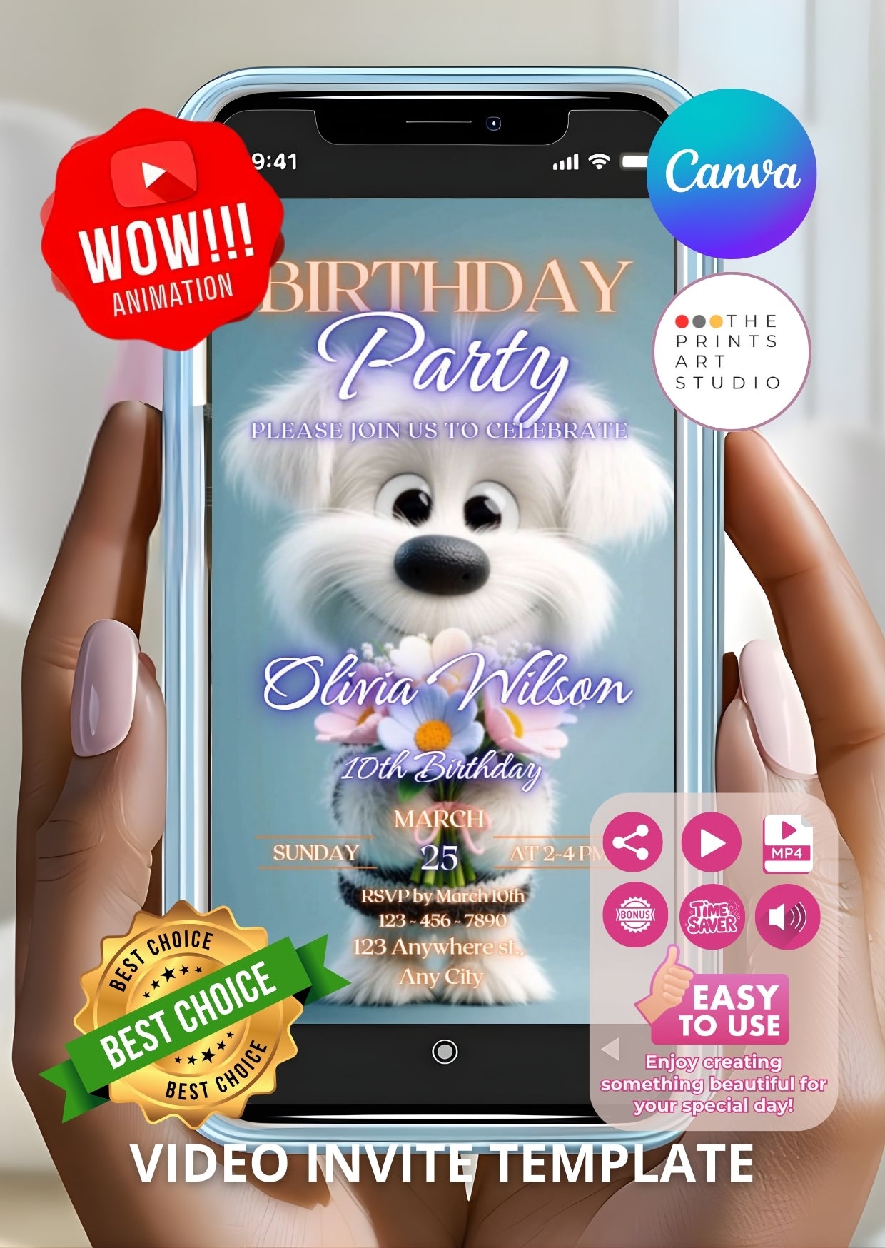 Puppy Birthday Video Invitation template displayed on a smartphone with animation and customizable details for a child's party.
