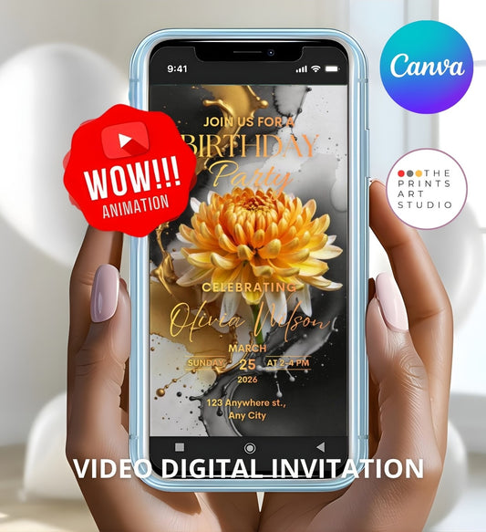 Phone displaying Editable Birthday Video Invitation Template Golden Floral Party Invite with WOW animation