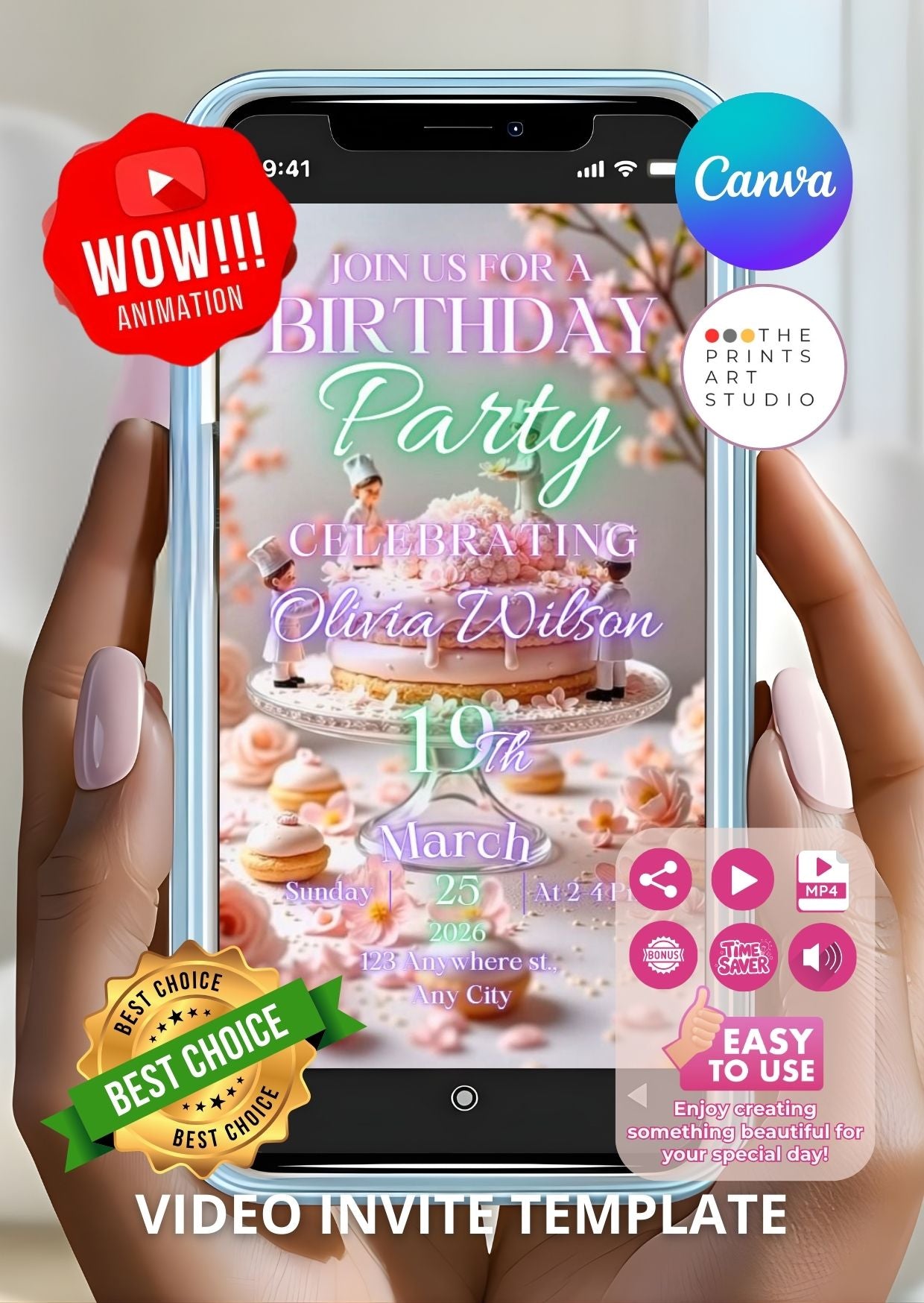 Birthday Video Invitation template with pastel cake and blossoms on smartphone screen, perfect for elegant parties.