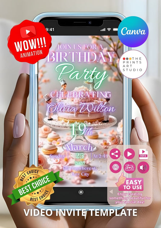 Birthday Video Invitation template with pastel cake and blossoms on smartphone screen, perfect for elegant parties.