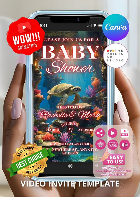 Mermaid Baby Shower Video Invitation shown on smartphone with ocean theme.