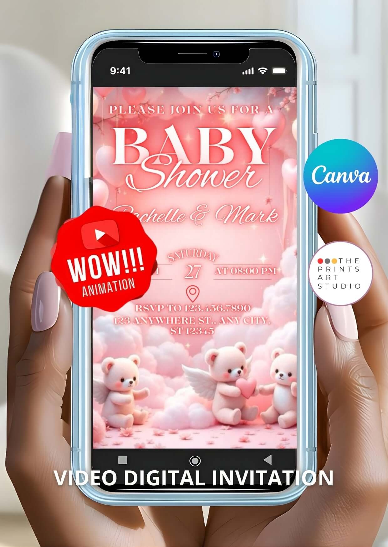 Baby Shower Video Invitation – Cute pink cloud bear-themed animated invite