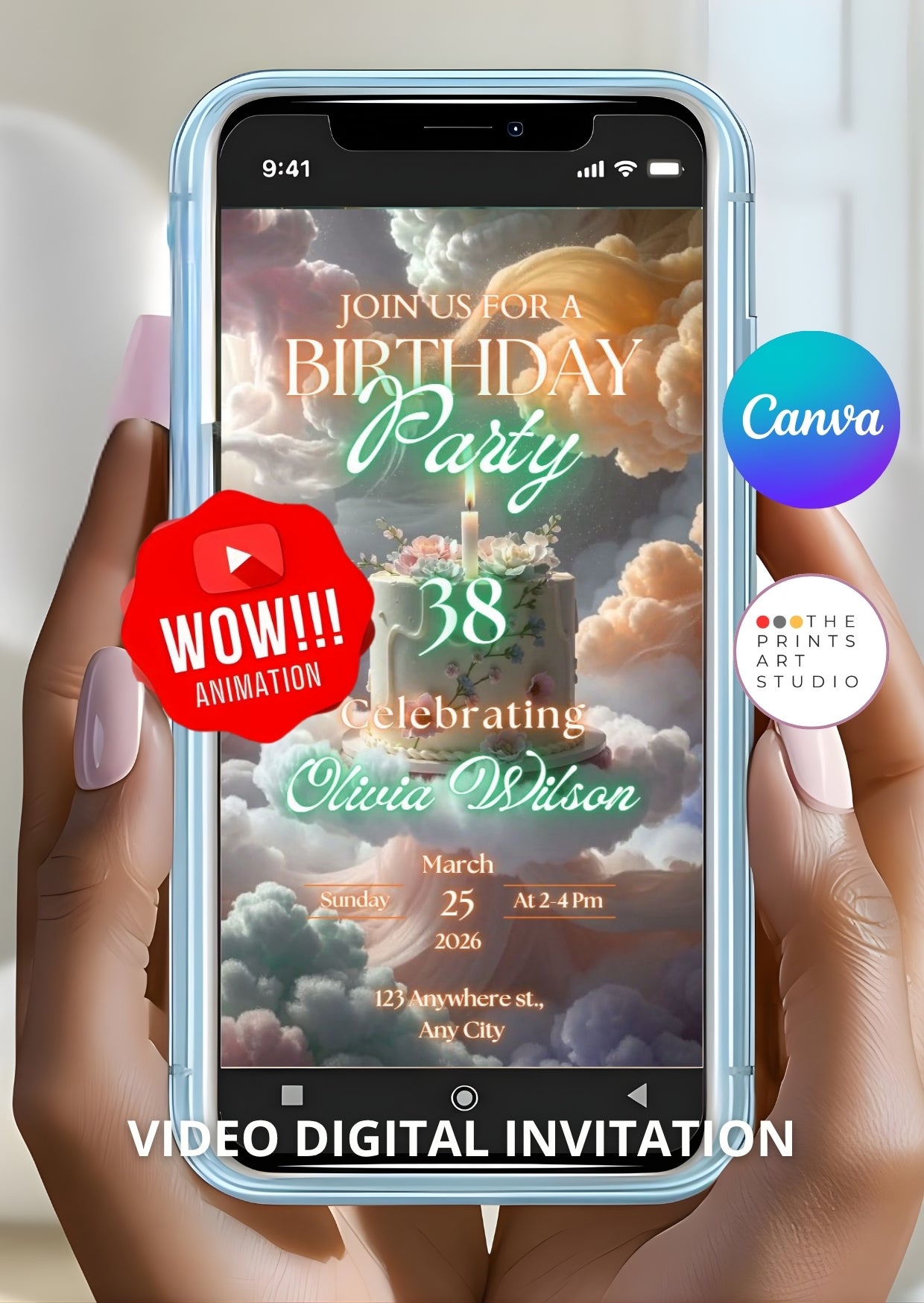 Cloud cake birthday video invitation – mobile preview of animated party invite.