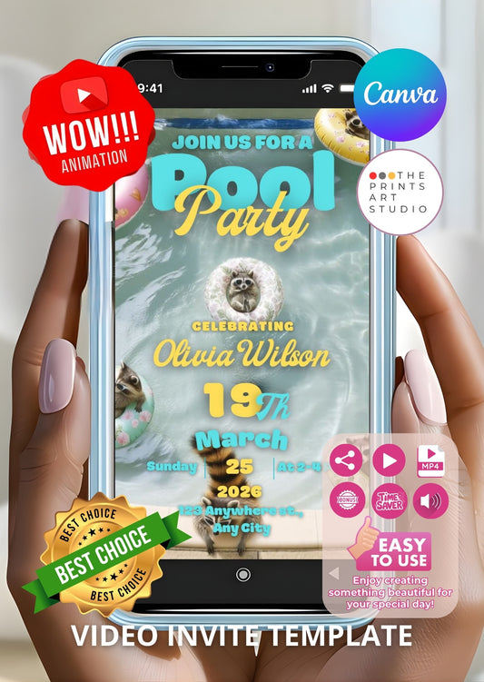 Pool Party Video Invitation template on smartphone screen with vibrant pool graphics, editable via Canva, perfect for summer celebrations.