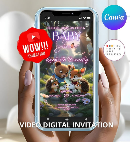 Editable Baby Shower Video Invitation with cute forest animals on phone screen, featuring bear and fox with digital animations.