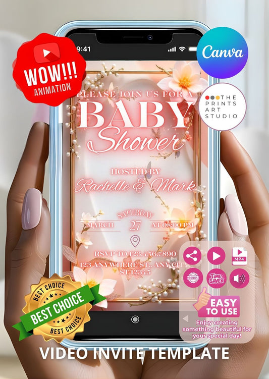 floral baby shower video invitation displayed on smartphone with pink floral design and elegant text, showcasing digital animation features.