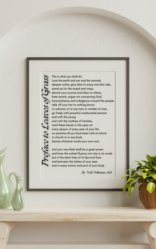 Preface to Leaves of Grass – Walt Whitman Poem Print | Inspirational Literary Wall Art framed on a stylish shelf with decor