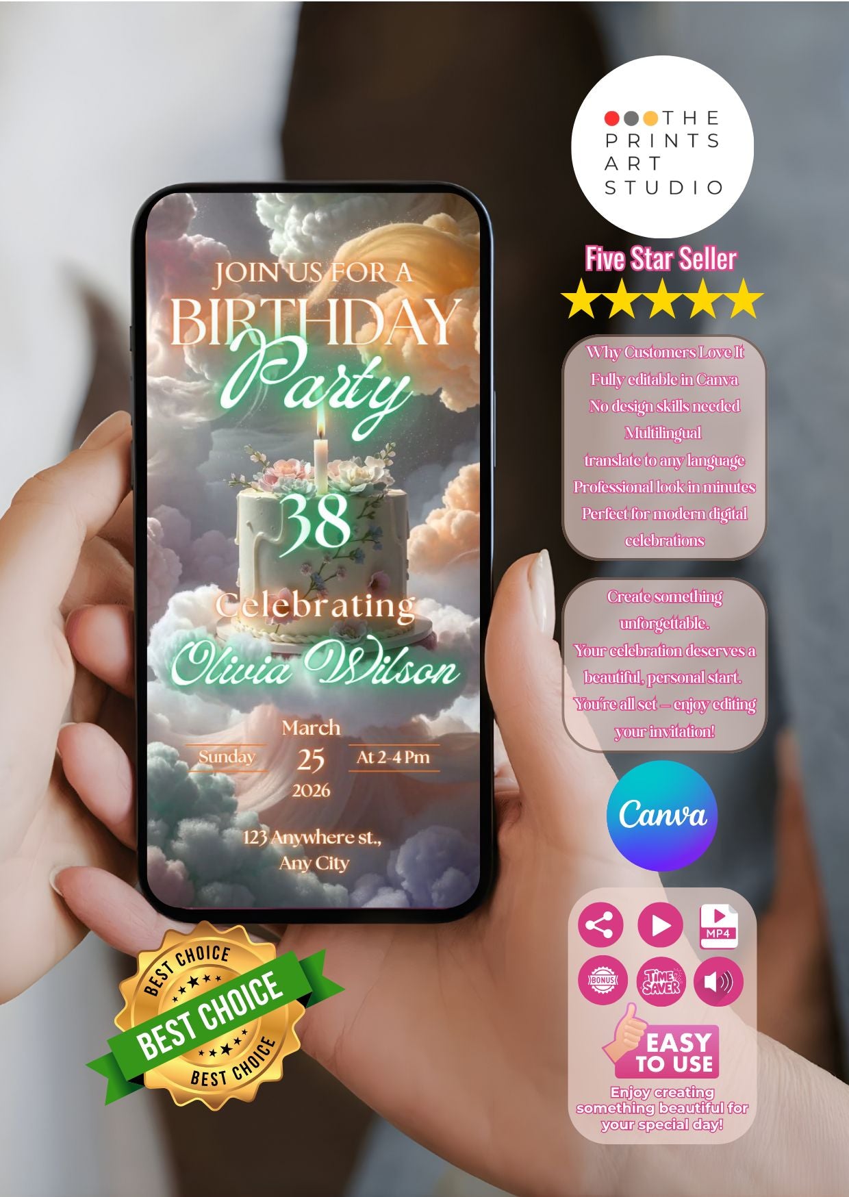 Cloud cake birthday video invitation – elegant cake and cloud background design.