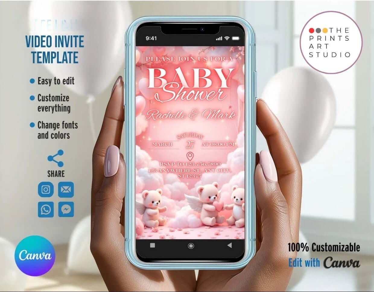 Baby Shower Video Invitation – Cute pink cloud bear-themed animated invite