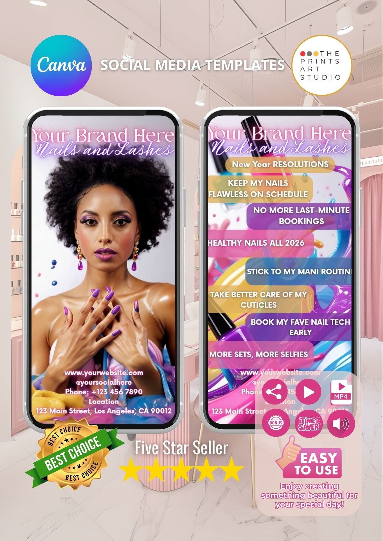 Afro American nail salon promo video template with vibrant designs for social media marketing featuring model and smartphone display.