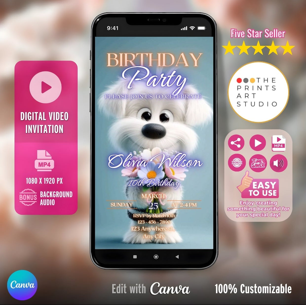 Puppy Birthday Video Invitation with customizable digital design displayed on a smartphone, featuring animated puppy and easy-to-use options.