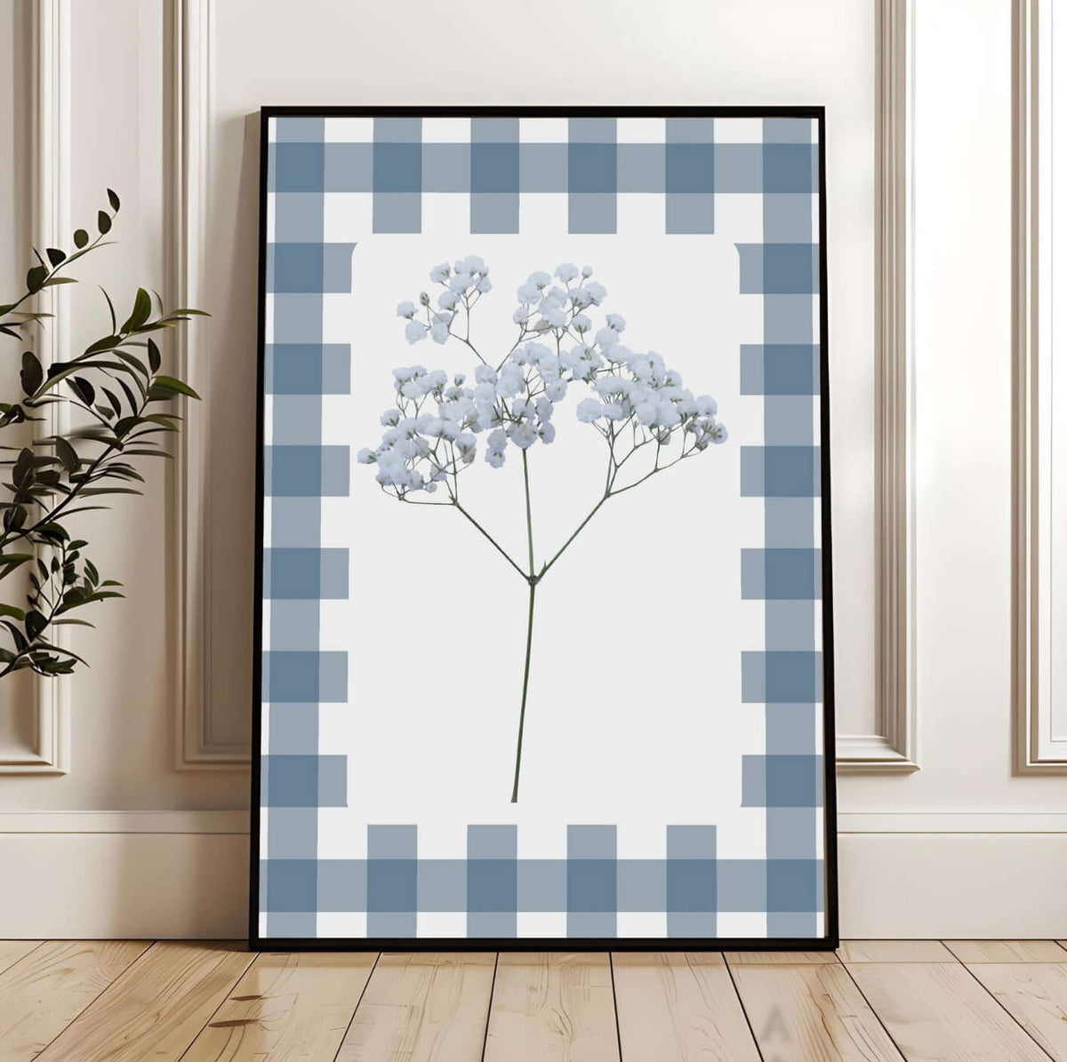 Blue Gingham Baby's Breath Print features delicate baby's breath flowers inside a blue checked border.