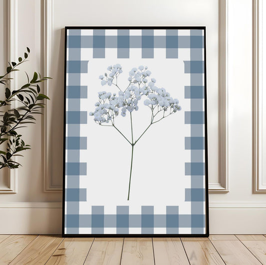 Baby's Breath Botanical Print – Blue Gingham Wall Art | Cottagecore Farmhouse Decor | Digital Floral Poster Download