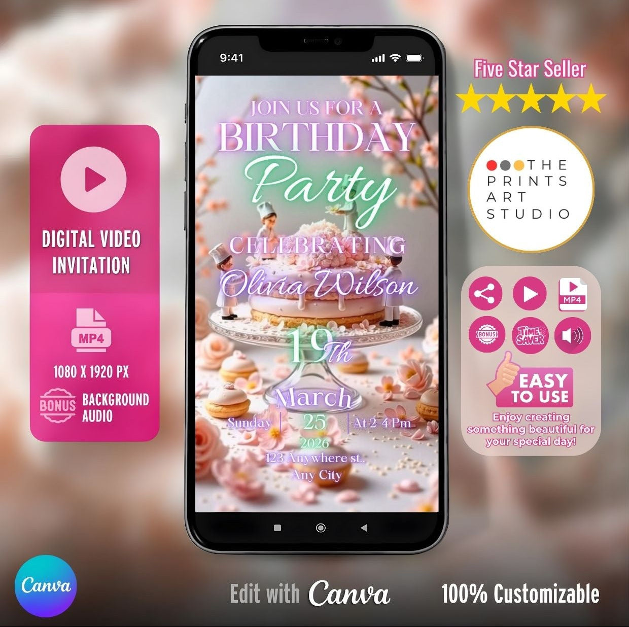 Birthday Video Invitation template with pink cake and blossoms on smartphone display