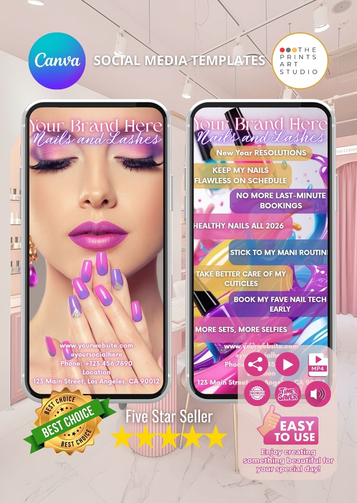 Editable Canva nail salon promo video template with vibrant nail art and beauty services features.