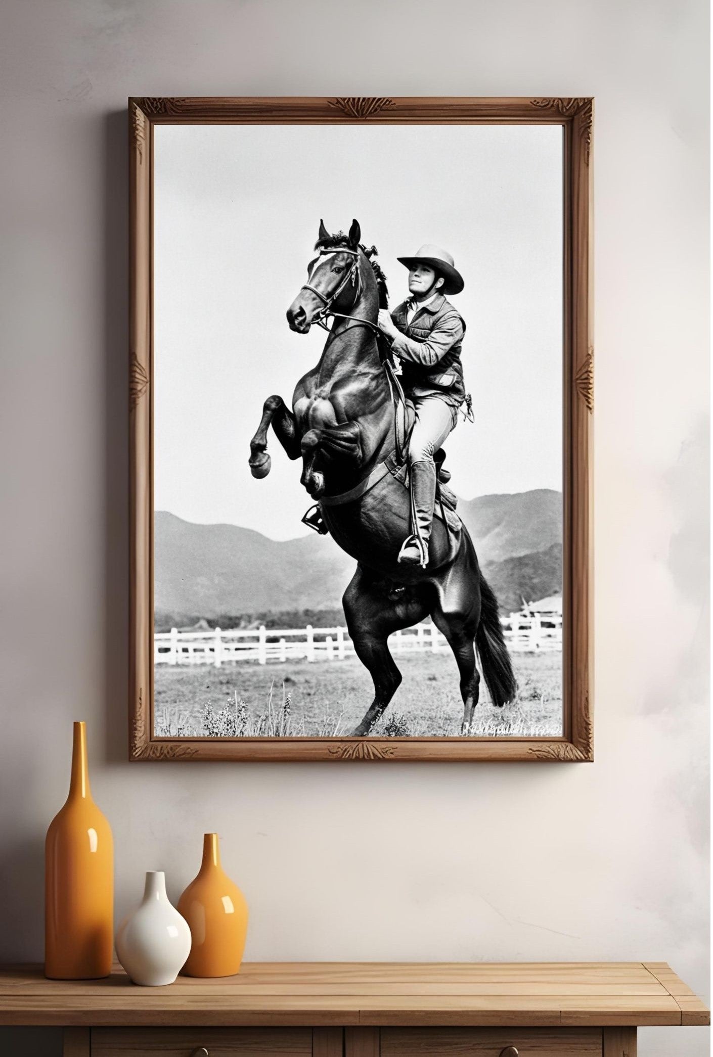 Western Wall Art showcasing a black and white cowboy rearing on a horse, symbolizing strength and freedom in vintage Western style.