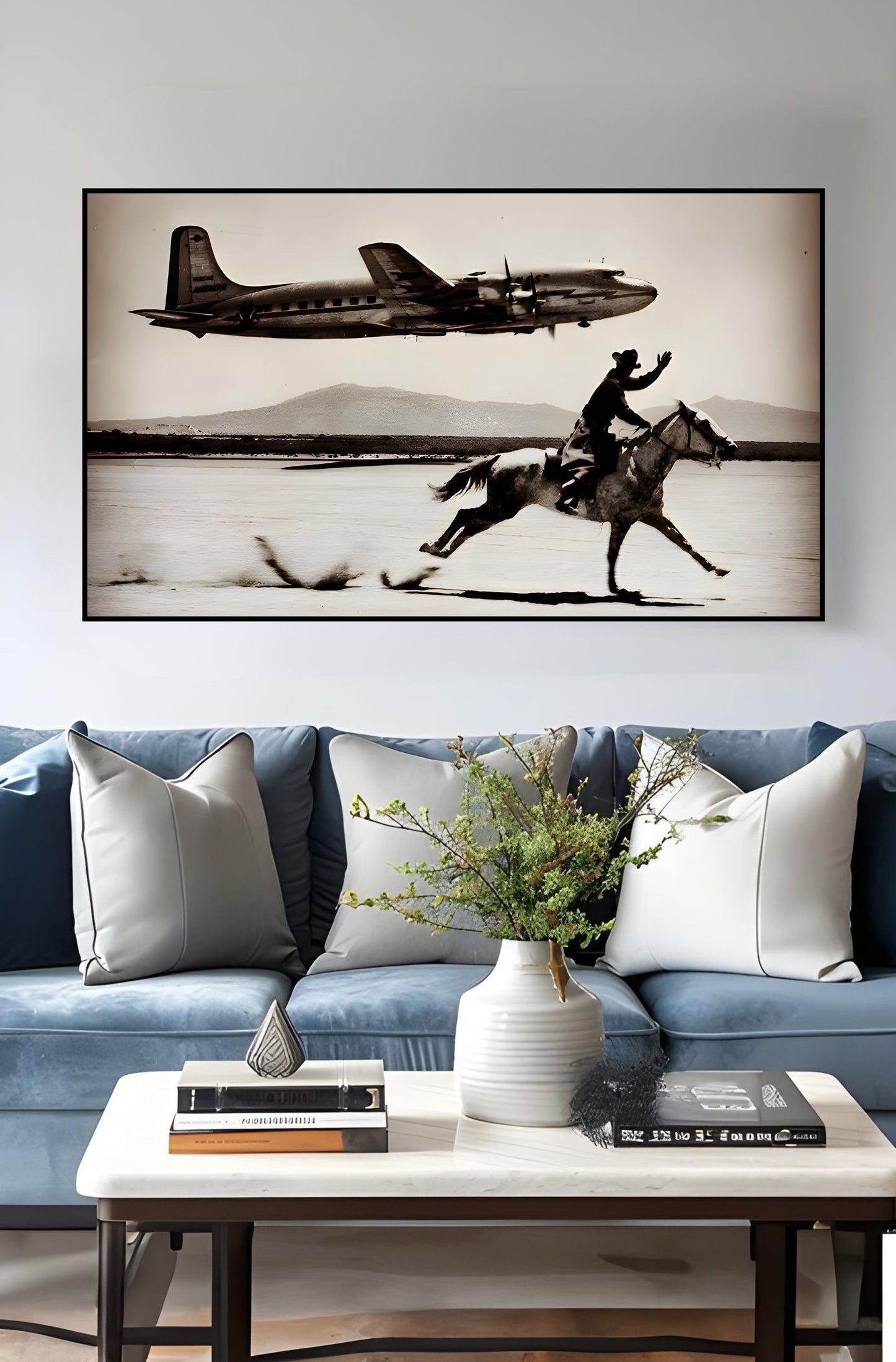 Cowboy Airplane Wall Art depicting a cowboy riding a horse with a vintage airplane flying above, adding rustic decor to your space.