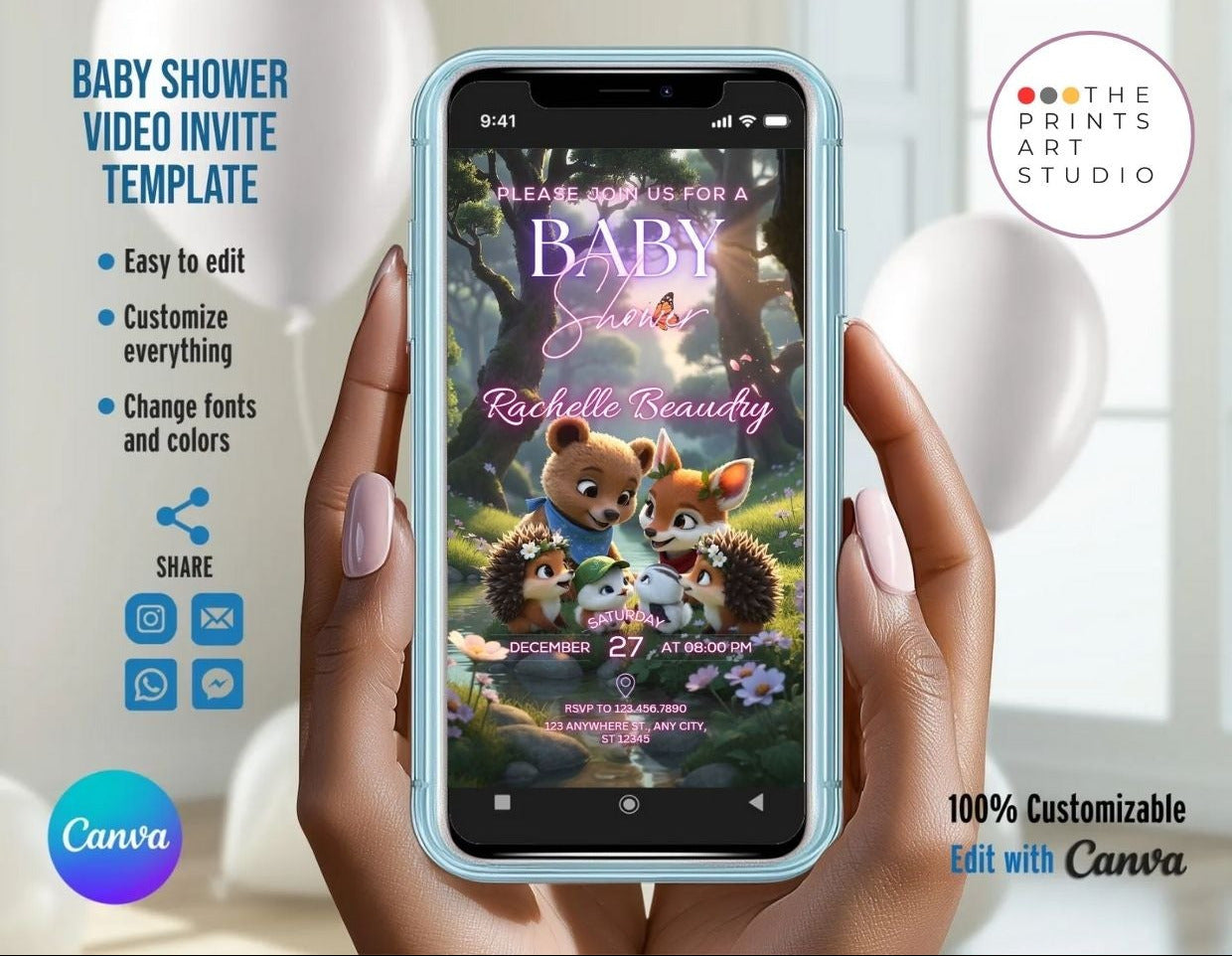 Editable Baby Shower Video Invitation featuring cute woodland animals on a smartphone screen.