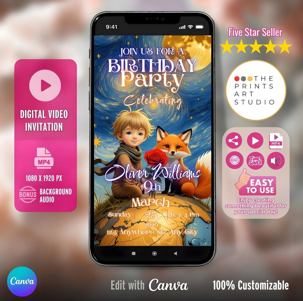 Little Prince Style Birthday Video Invitation displayed on a smartphone screen with an illustrated scene of a child and a fox.