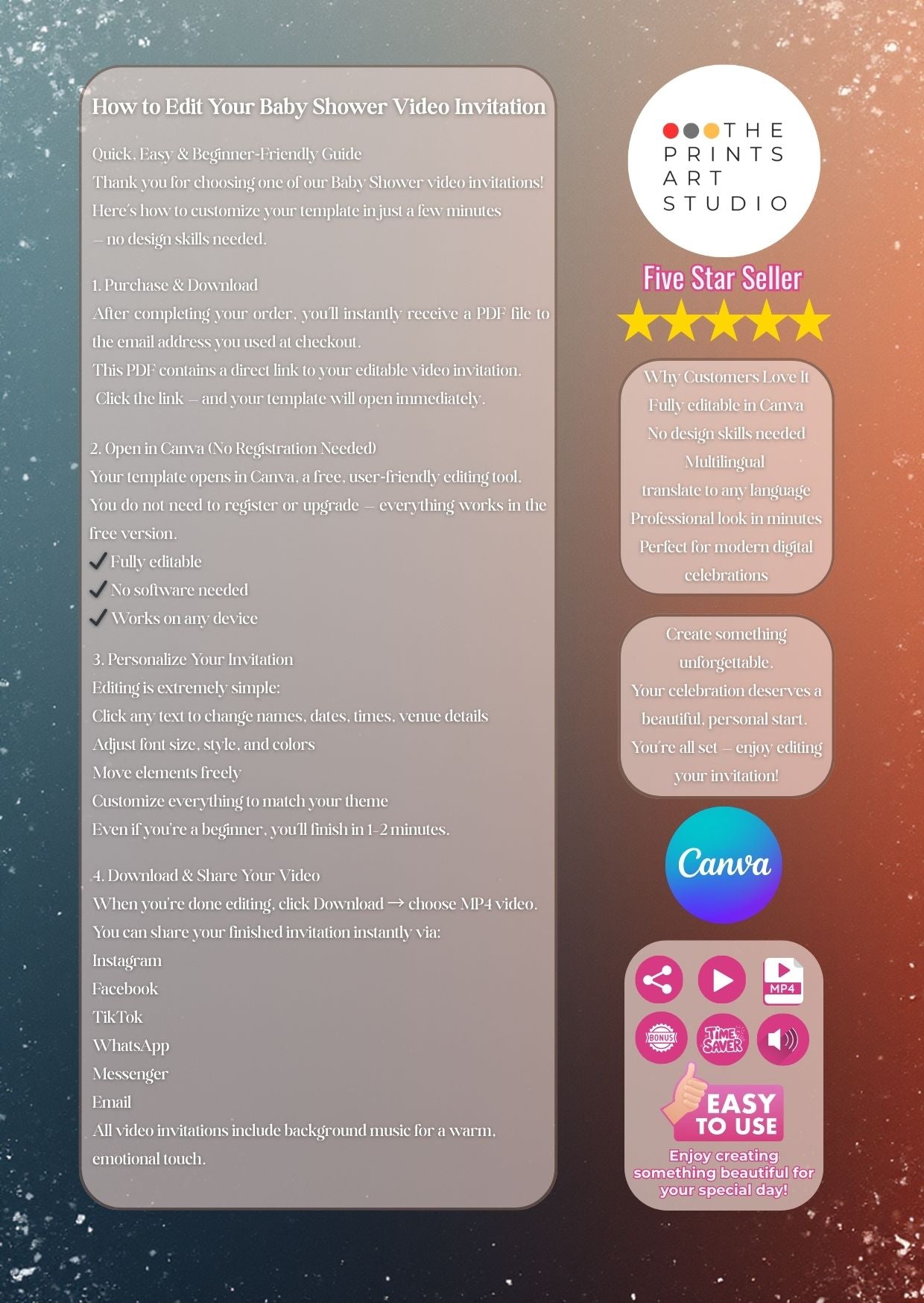 Instructions for editing a Baby Shower Video Invitation with Canva, including customization tools and seller information for Mother's Day Brunch Video Invitation.