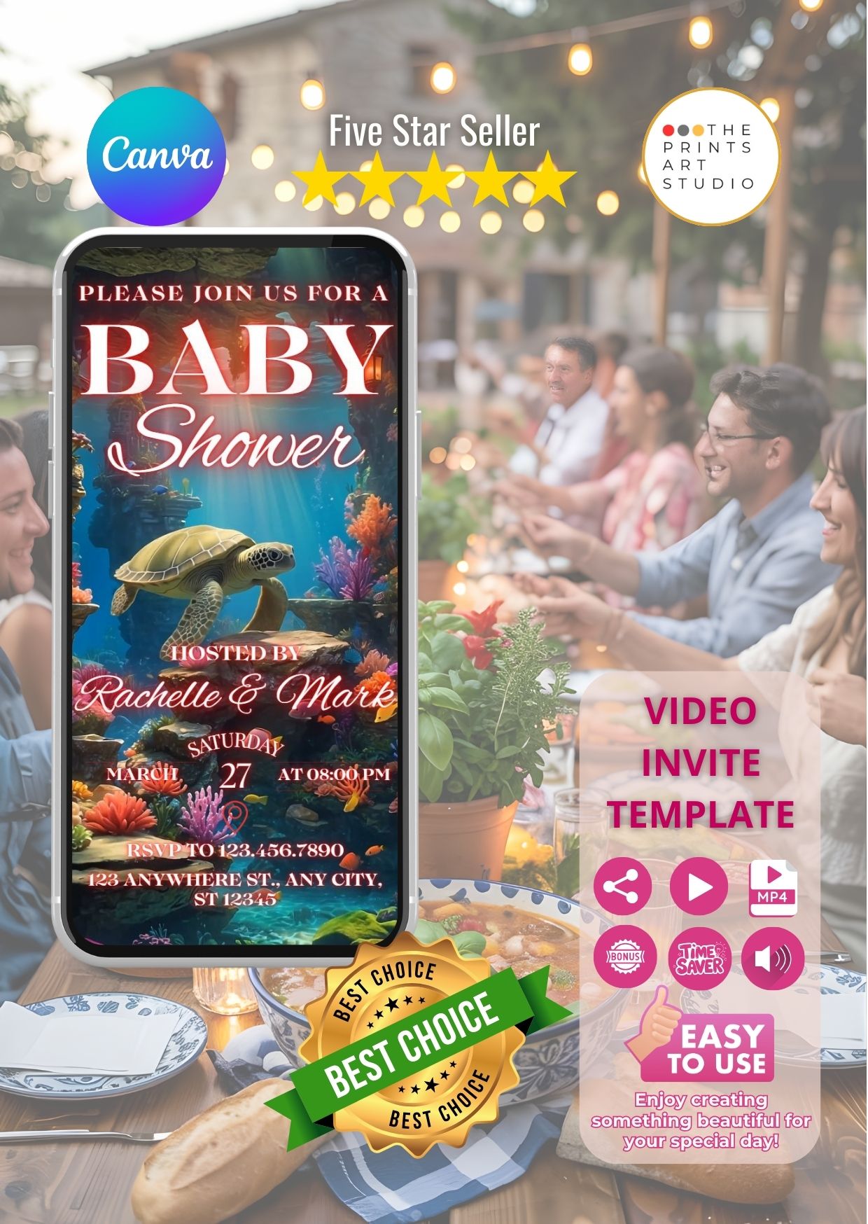 Mermaid Baby Shower Video Invitation Canva template with elegant ocean theme, perfect for creating memorable invites.