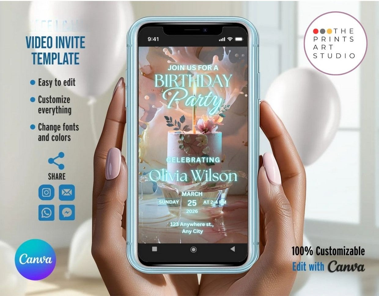 Editable birthday video invitation template ice light cake design on smartphone screen.