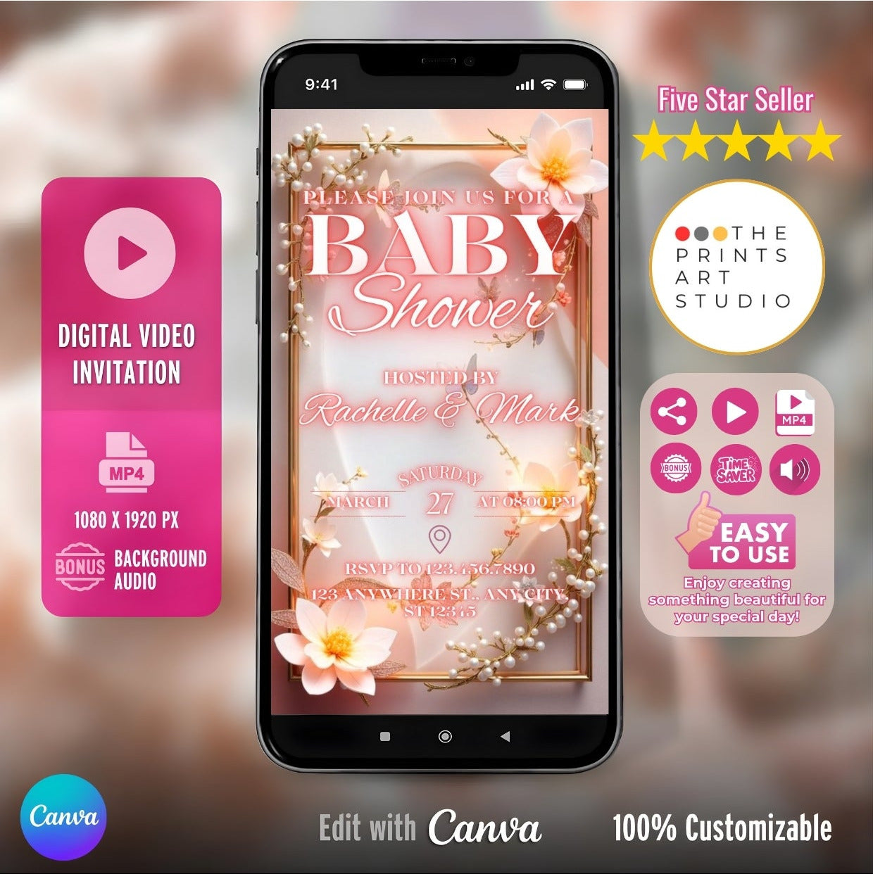 floral baby shower video invitation with elegant pink floral design on smartphone screen