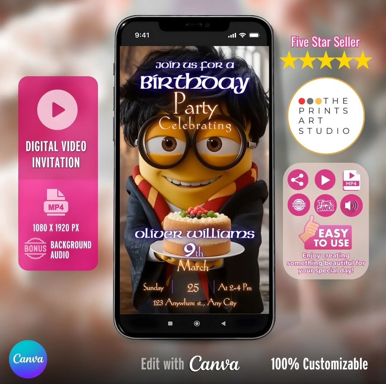 Harry Potter Minions birthday video invitation displaying a digital invite on a smartphone with customizable options and ratings.
