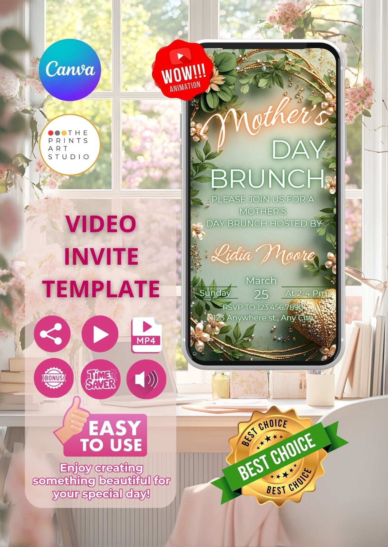 Family Brunch Video Invitation template displayed on a smartphone with floral Mother's Day theme, best choice badge, and easy to use icons.