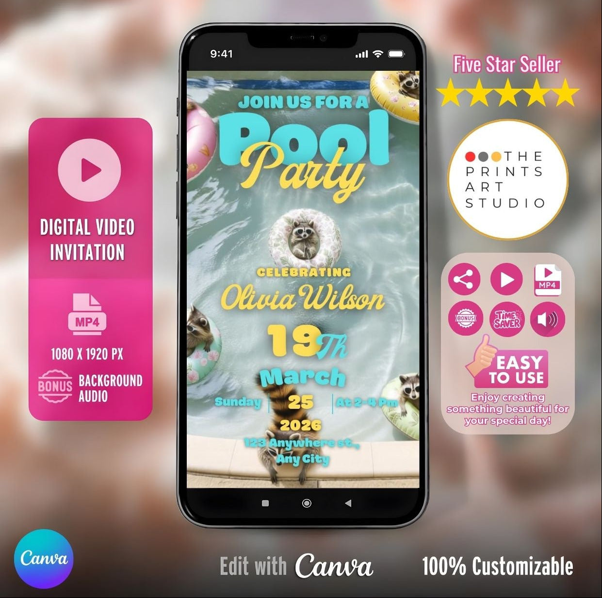 Pool Party Video Invitation template displayed on smartphone with summer design, editable in Canva, promoting a vibrant celebration.