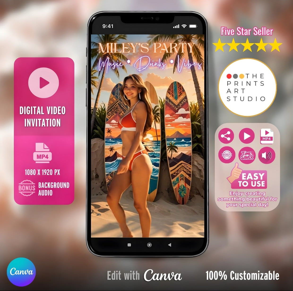 Modern event video invitation template for bars and clubs, featuring customizable design for promotional use on social media.