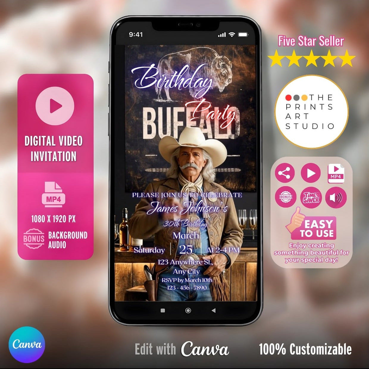 Buffalo Bill Birthday Invitation Video on a smartphone showcasing a vintage western theme with customizable options.