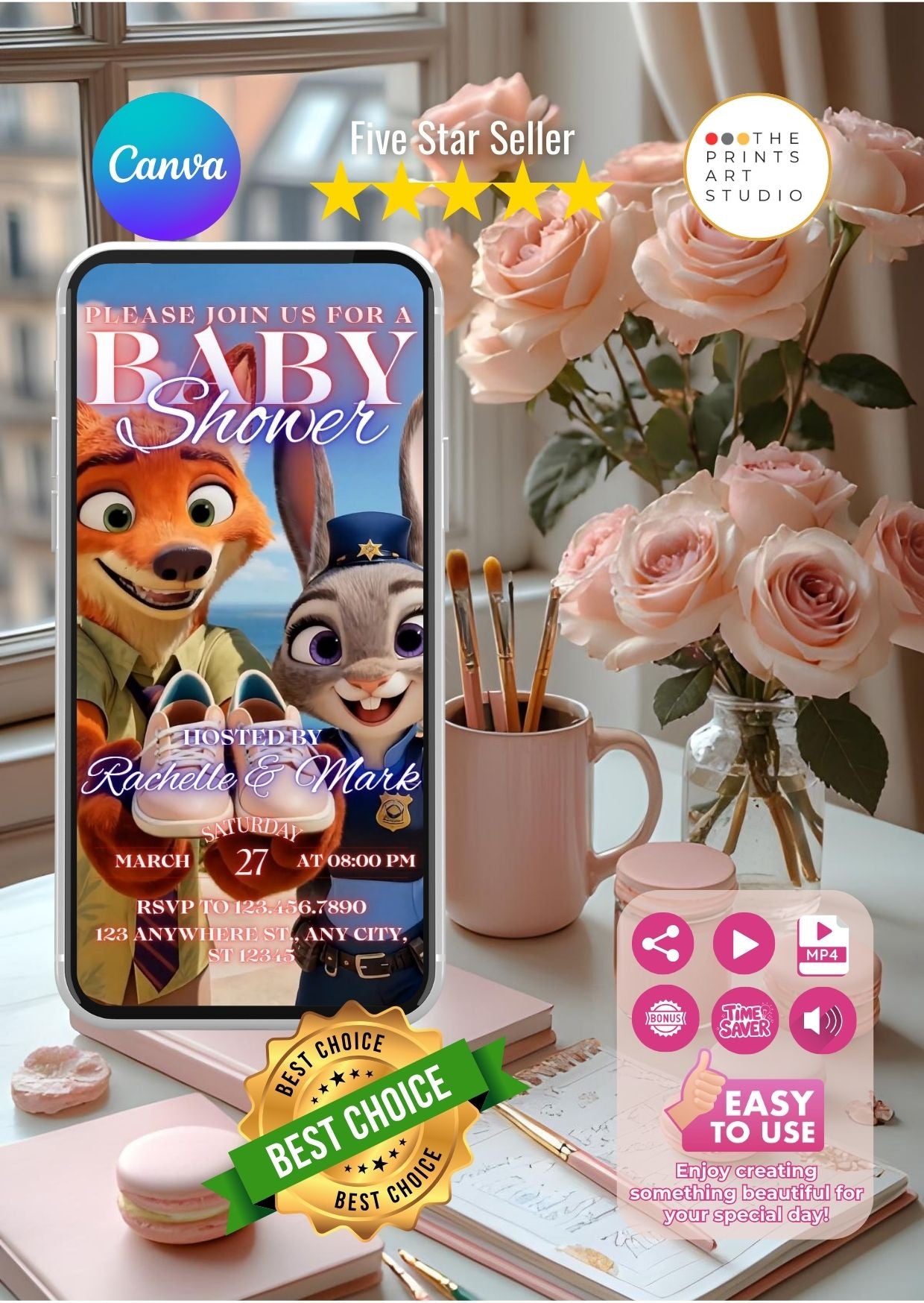 Zootopia baby shower video invitation displayed on a smartphone amidst roses and stationery