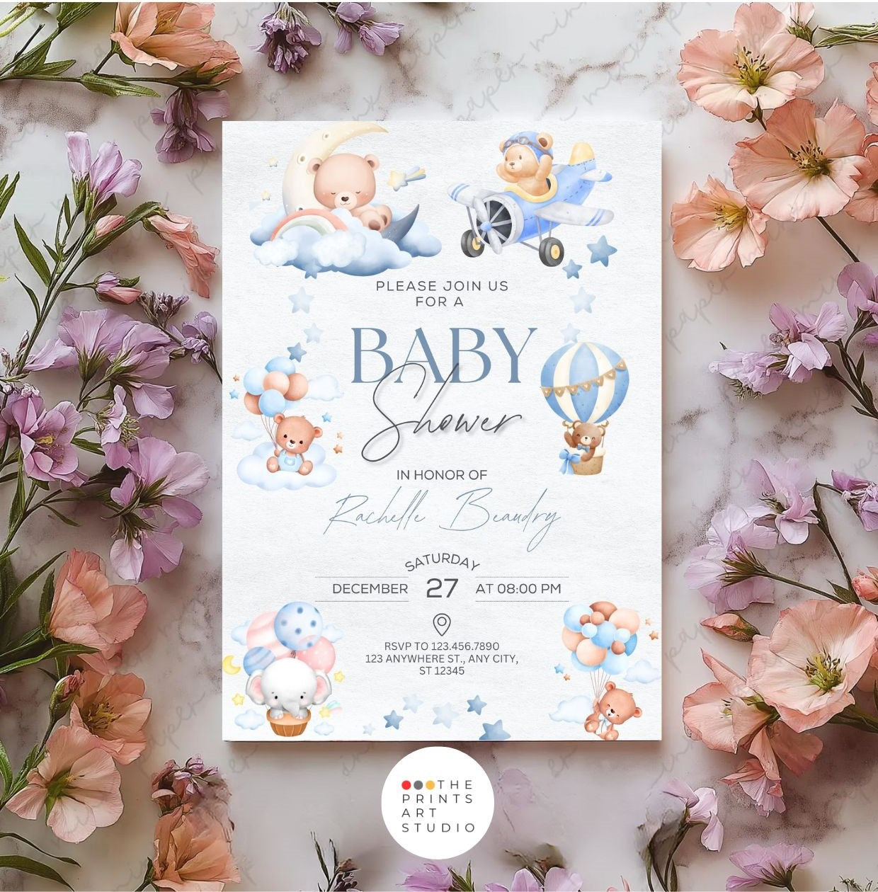 Blue pumpkin baby shower invitation with watercolor design, featuring soft blue pumpkins, fall florals, and personalized text on template.